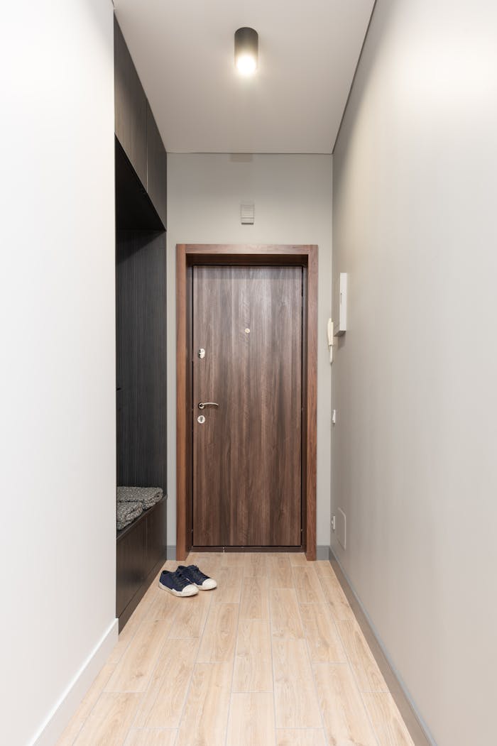 Home Interior of contemporary light flat with wooden cupboard with shelf with textile near sneakers and door with lamp on ceiling
